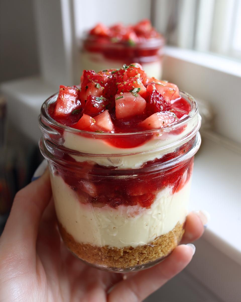 Close-up of a hand holding a strawberry cheesecake jar, layered with graham cracker crust, cheesecake filling, and fresh strawberries.
