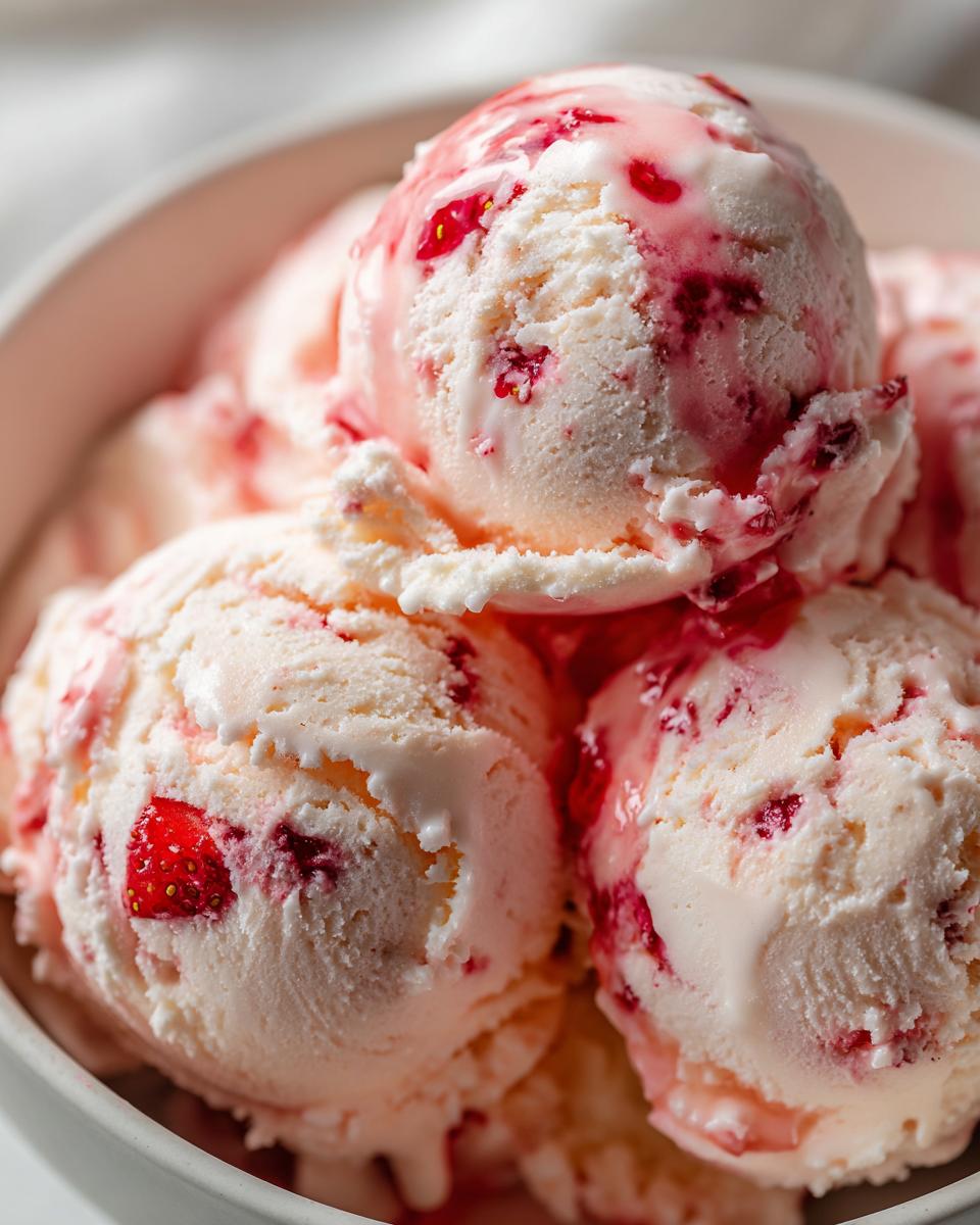 Close-up of creamy strawberry ice cream with swirls of strawberry sauce and pieces of fresh strawberry.