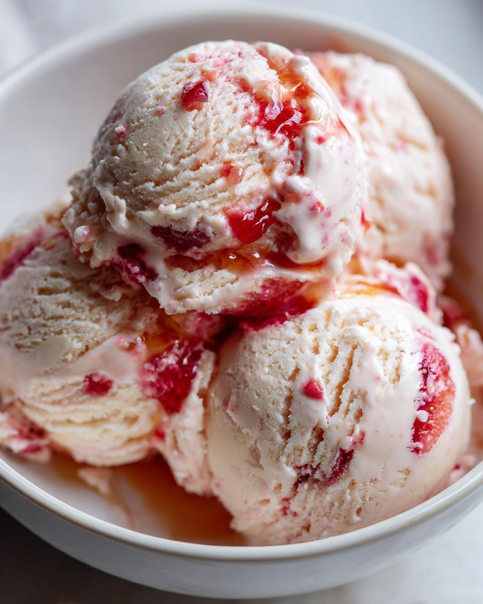 Close-up of creamy strawberry ice cream scoops in a white bowl, swirled with vibrant red strawberry pieces.