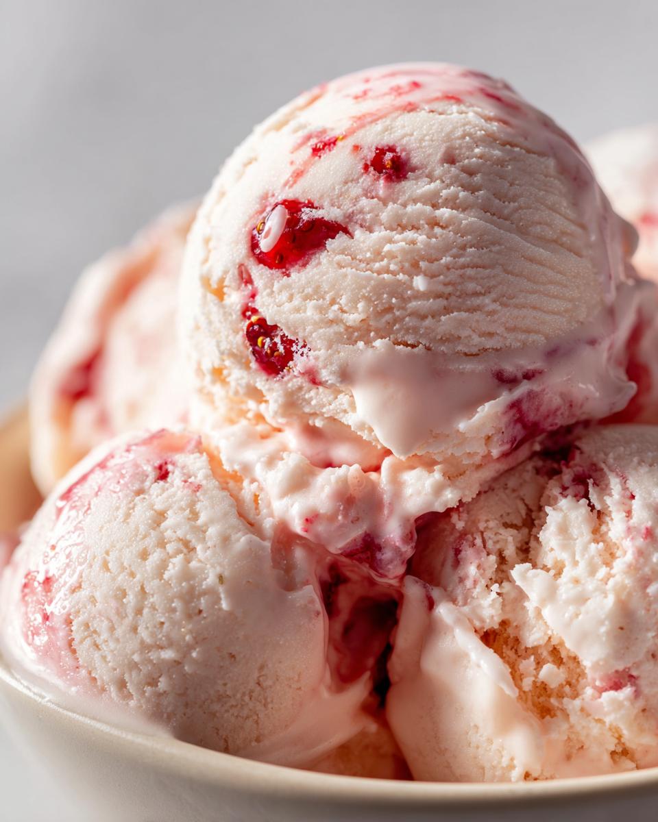 Close-up of creamy strawberry ice cream with swirls of strawberry sauce and pieces of fruit.