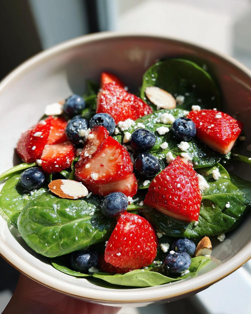 A close-up of a vibrant strawberry spinach salad topped with blueberries, feta cheese, and slivered almonds.