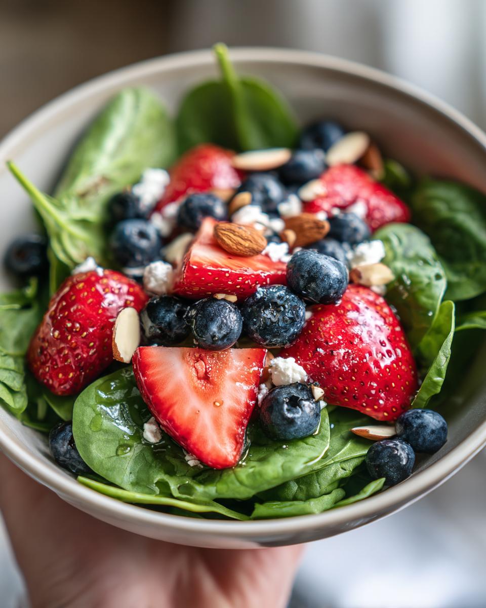 Close-up of a vibrant strawberry spinach salad topped with fresh blueberries, crumbled feta cheese, and sliced almonds.