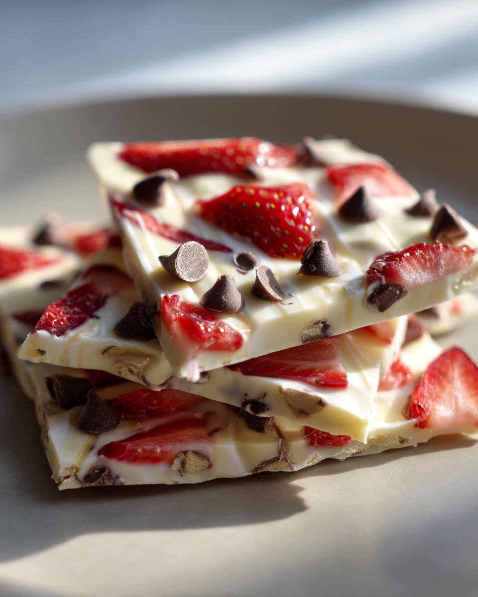 A stack of refreshing strawberry yogurt bark pieces, generously studded with fresh strawberry slices and chocolate chips.