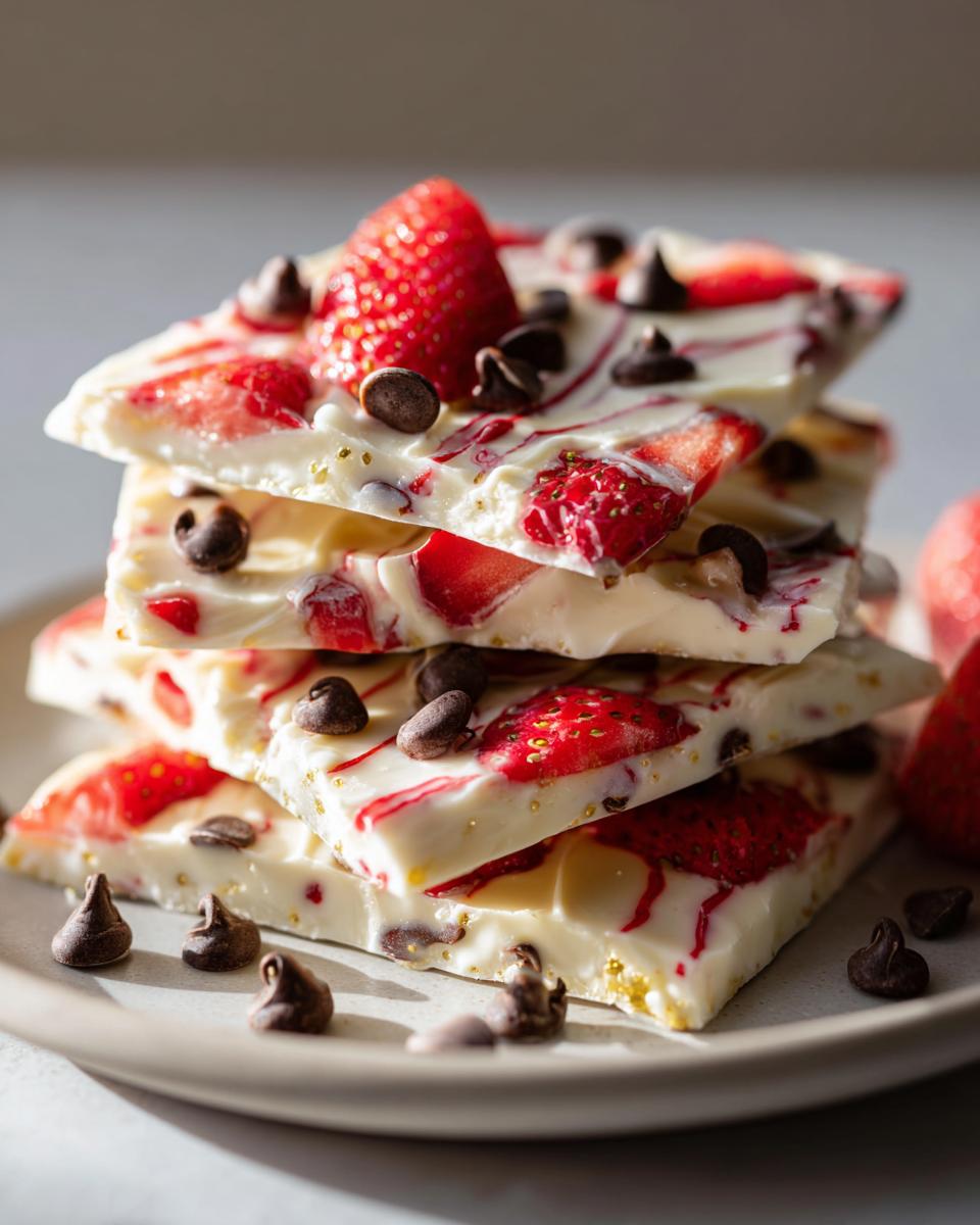 A stack of delicious strawberry yogurt bark pieces, topped with fresh strawberries and chocolate chips.