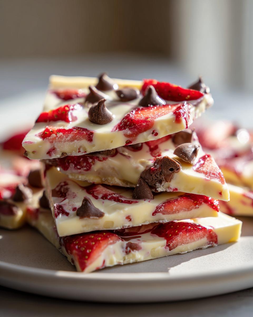 A stack of refreshing strawberry yogurt bark pieces, studded with fresh strawberries and chocolate chips.
