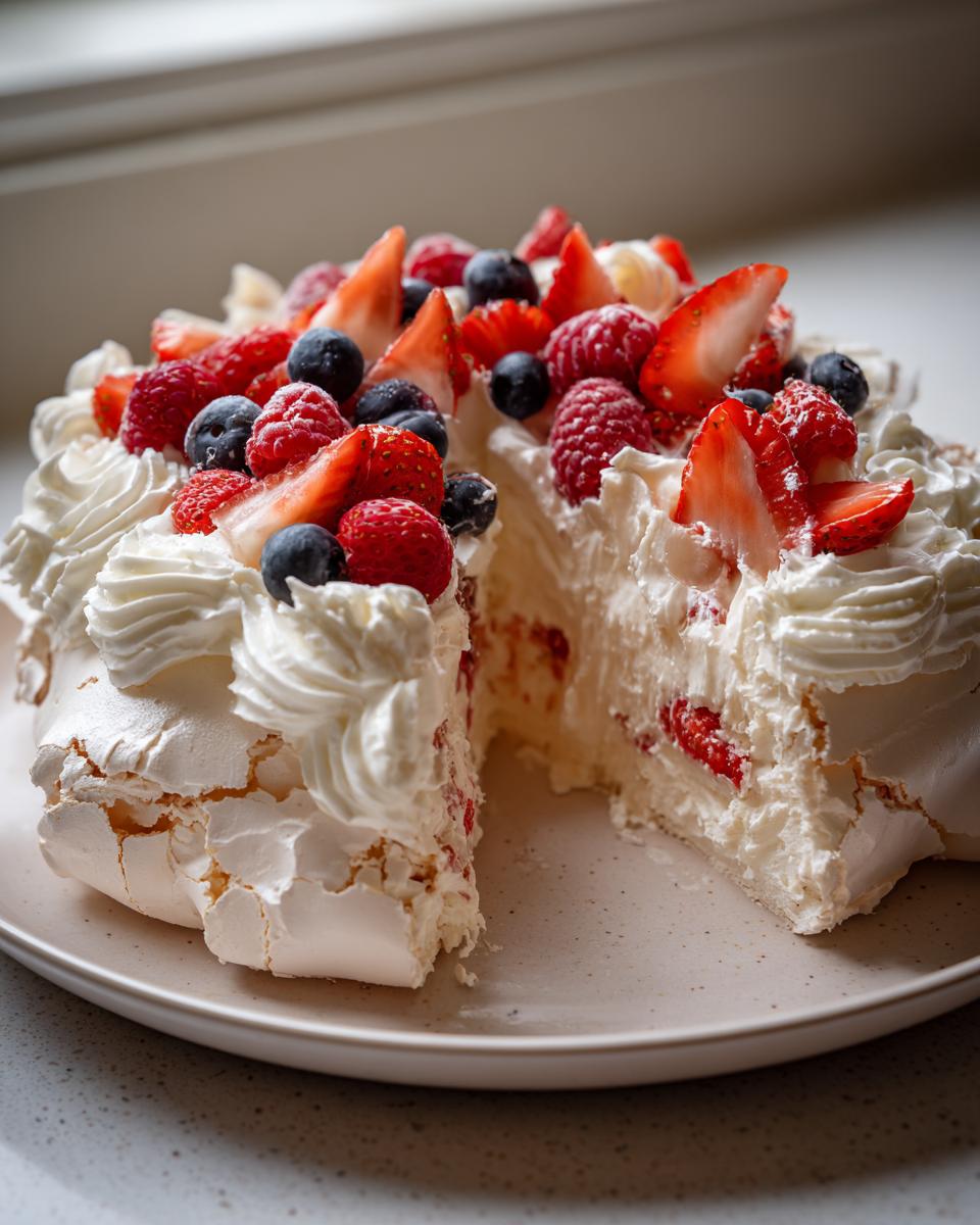 A slice of summer berry pavlova with fresh strawberries, raspberries, and blueberries on a white meringue base with whipped cream.