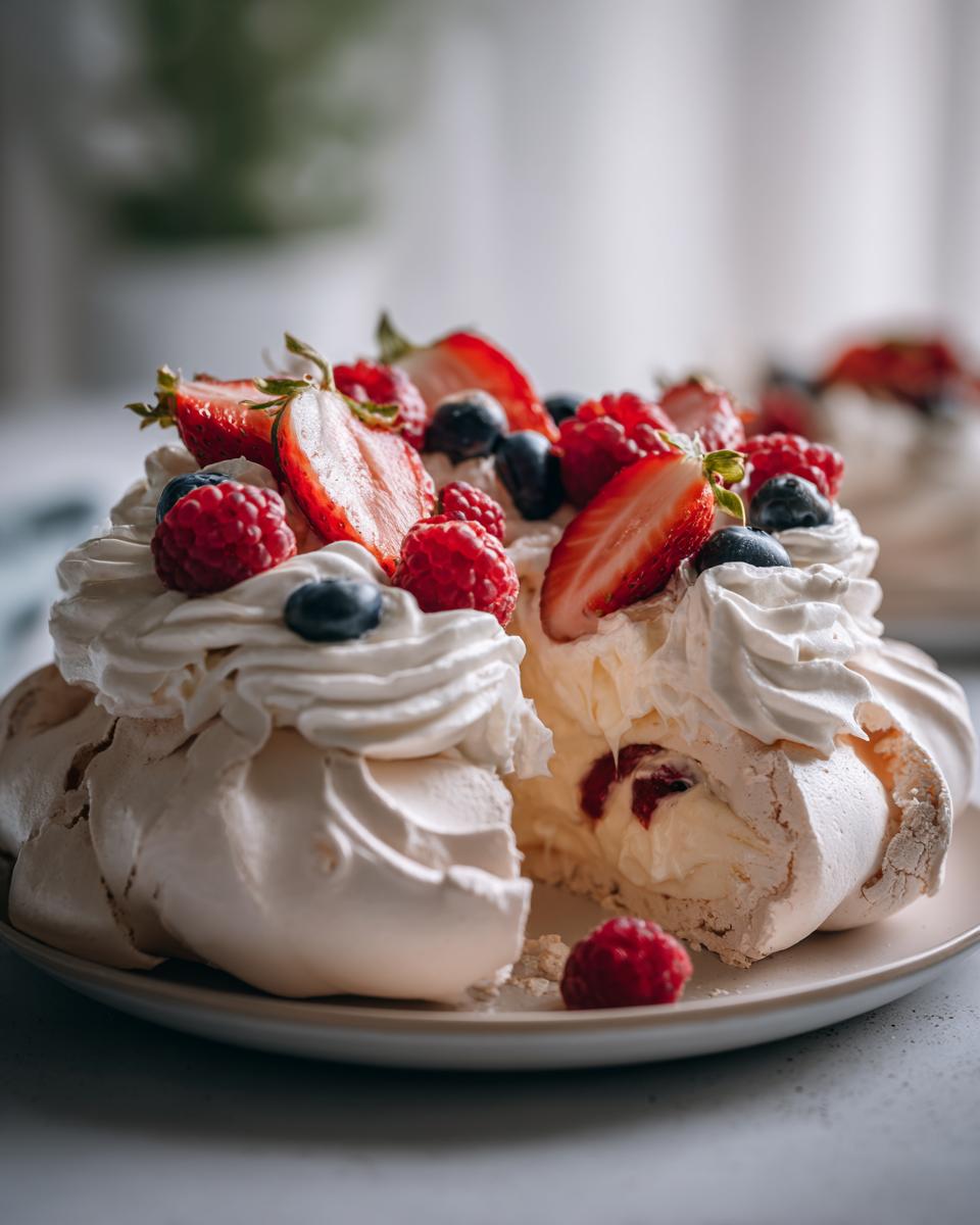 A slice of summer berry pavlova, showcasing crisp meringue, whipped cream, and a colorful mix of strawberries, raspberries, and blueberries.