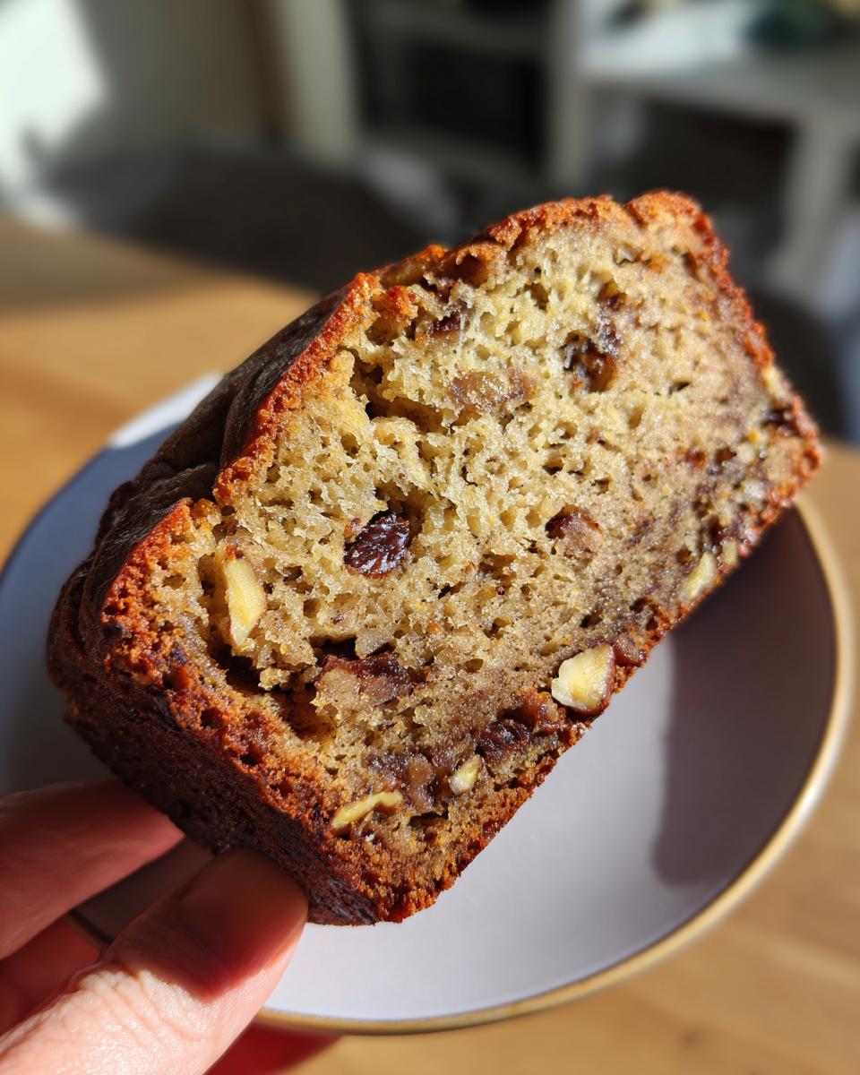 A hand holds a slice of Super Moist Banana Bread, revealing a moist crumb with visible nuts and raisins.