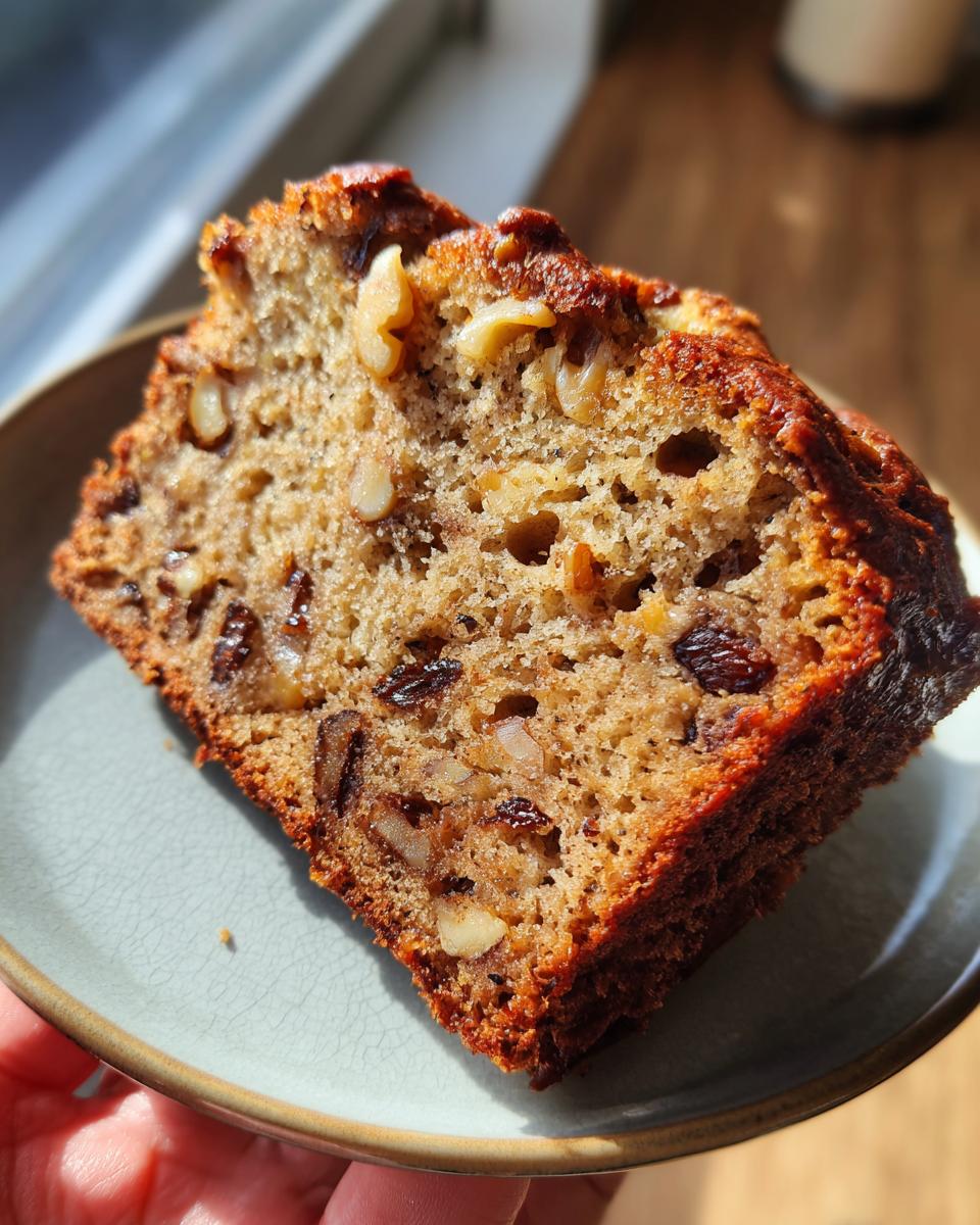 A close-up of a slice of Super Moist Banana Bread, packed with walnuts and raisins, on a light blue plate.