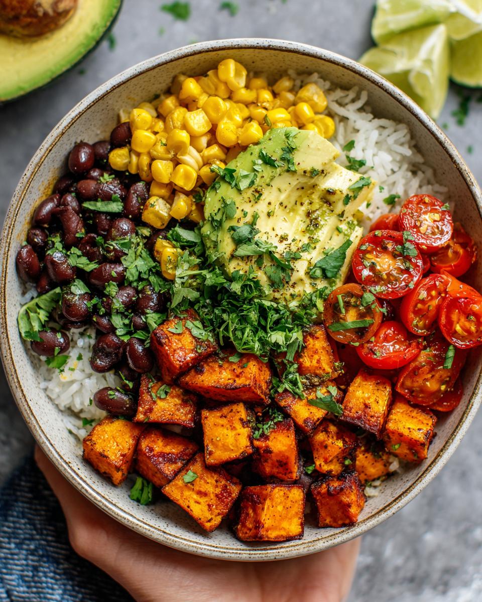A vibrant and colorful sweet potato black bean bowl filled with rice, corn, avocado, tomatoes, and fresh cilantro.
