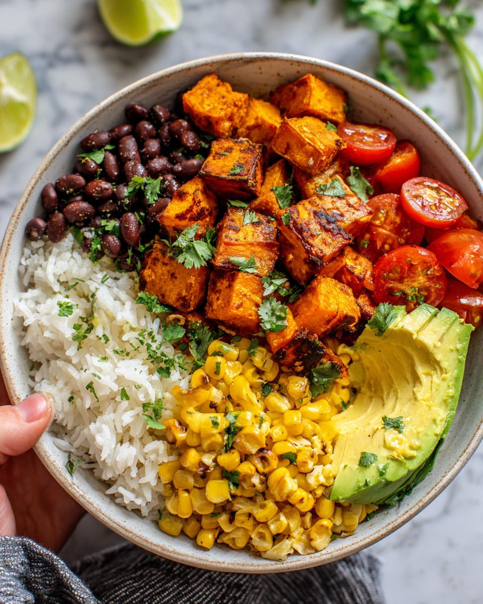 A vibrant sweet potato black bean bowl filled with roasted sweet potatoes, black beans, rice, corn, tomatoes, and avocado.