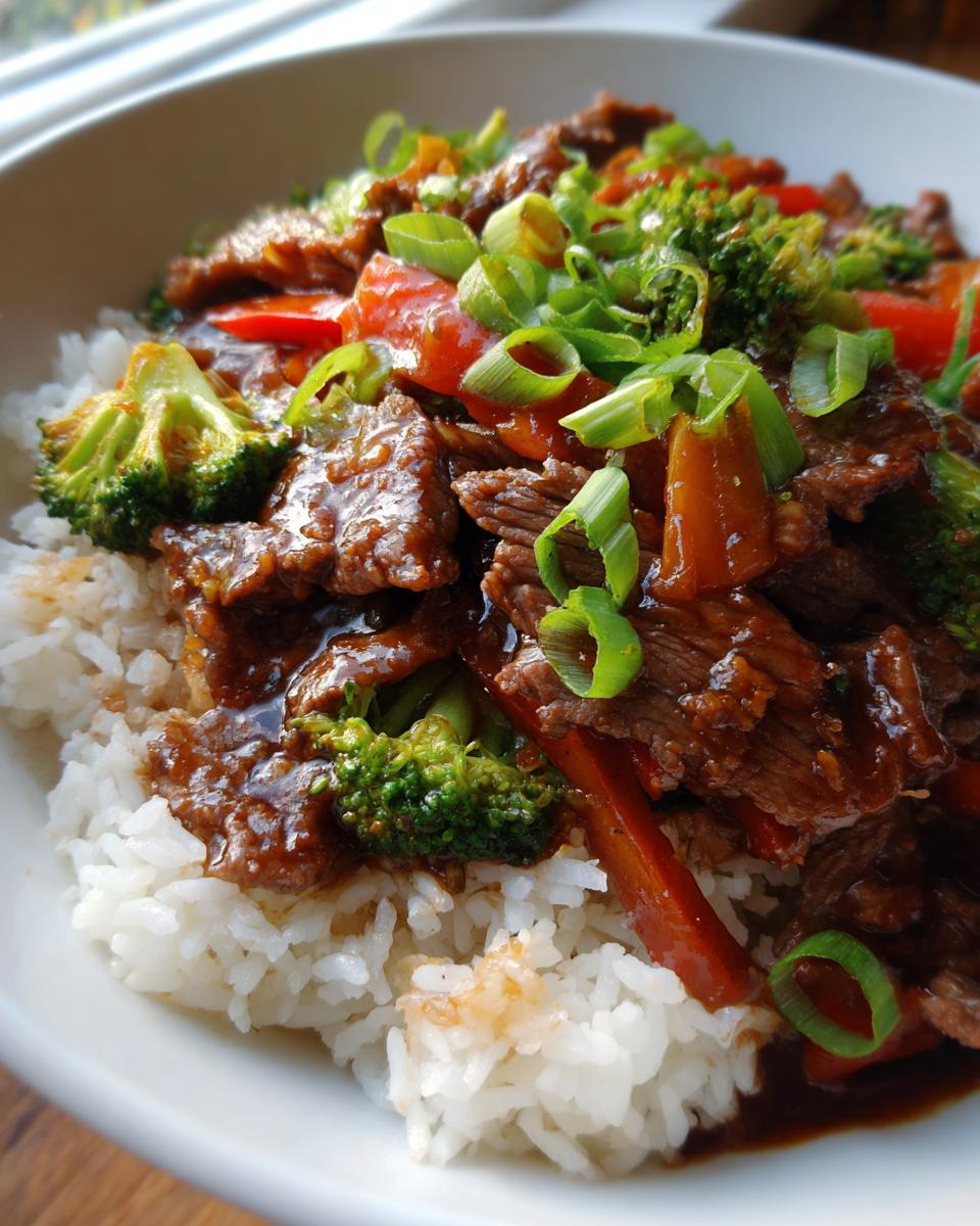 Close-up of a bowl of teriyaki beef bowls with tender beef, broccoli, and red peppers over white rice, garnished with green onions.