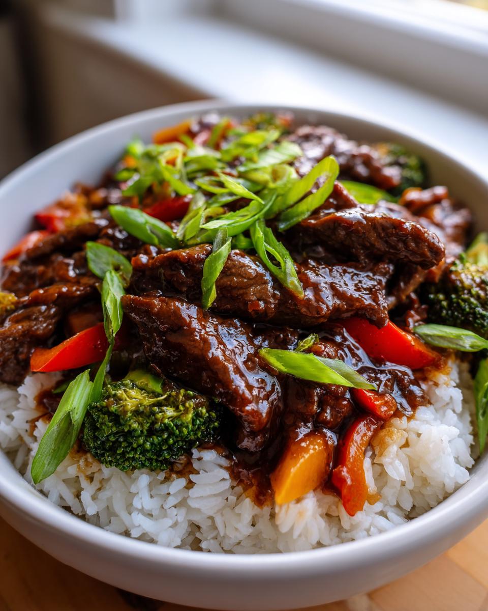 A close-up of a white bowl filled with fluffy white rice, topped with tender teriyaki beef, broccoli florets, red bell peppers, and green onions.