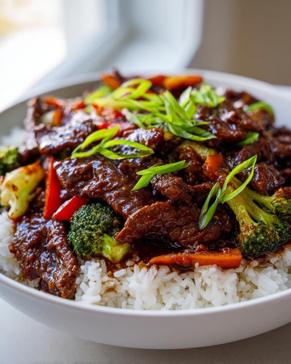 A close-up of a white bowl filled with fluffy white rice, topped with tender teriyaki beef, broccoli, carrots, and red bell peppers, garnished with green onions.