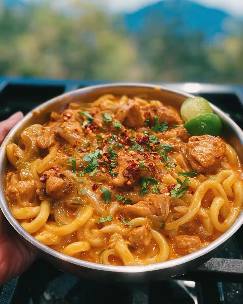 20-Minute Thai Coconut Red Curry Chicken Udon Joy 4 A bowl of Thai Coconut Red Curry Chicken Udon, garnished with cilantro and chili flakes, with lime wedges on the side.