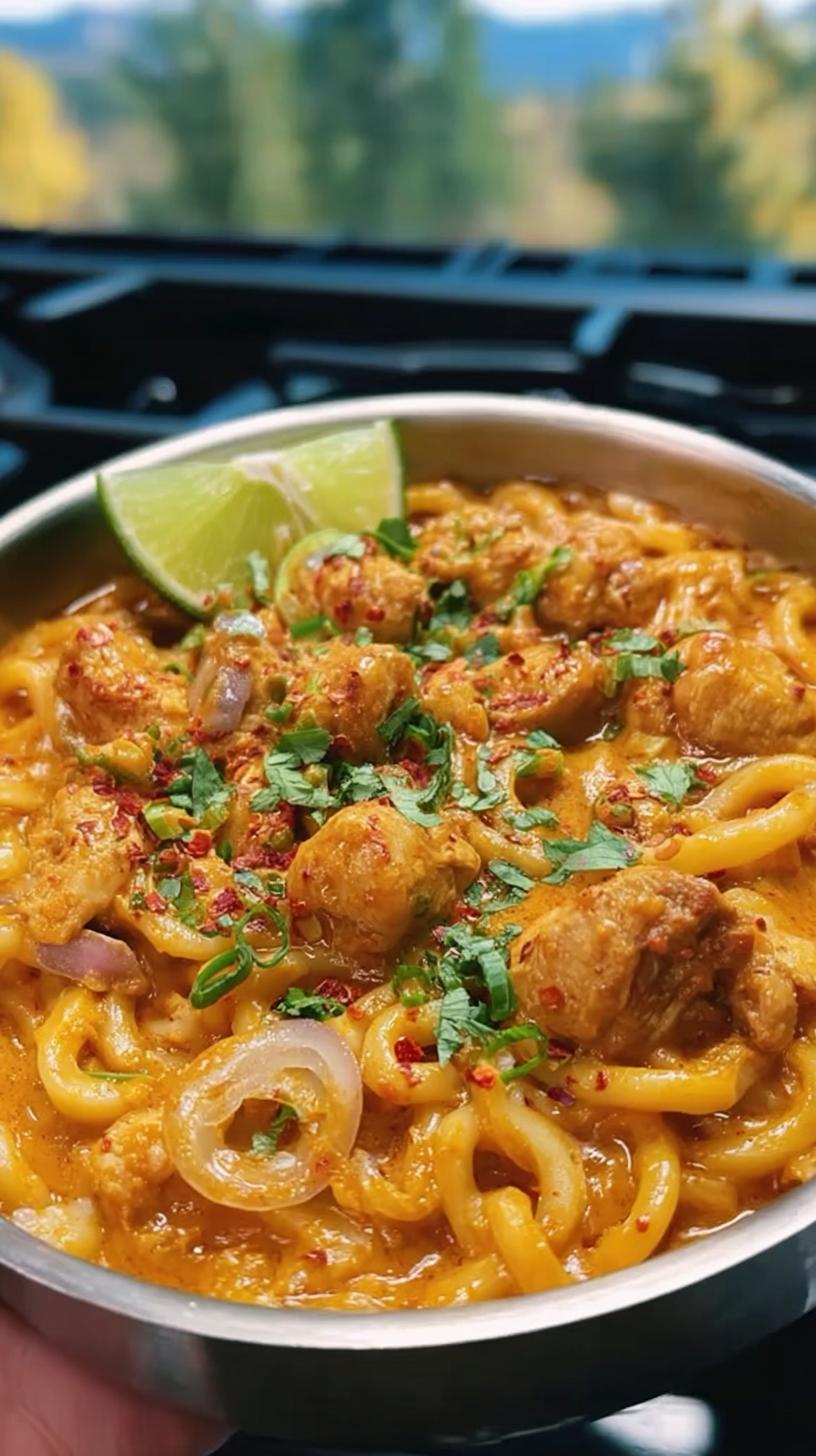 20-Minute Thai Coconut Red Curry Chicken Udon Joy 5 A close-up of a bowl of Thai Coconut Red Curry Chicken Udon, garnished with lime and cilantro.