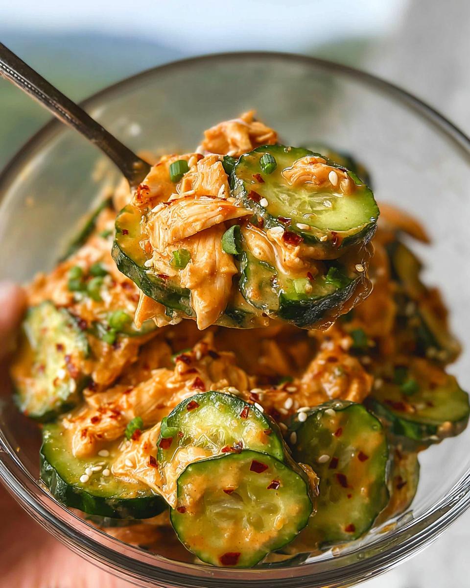 A spoonful of Thai Cucumber Chicken Salad with Peanut Dressing, featuring sliced cucumbers, shredded chicken, and a creamy peanut sauce.