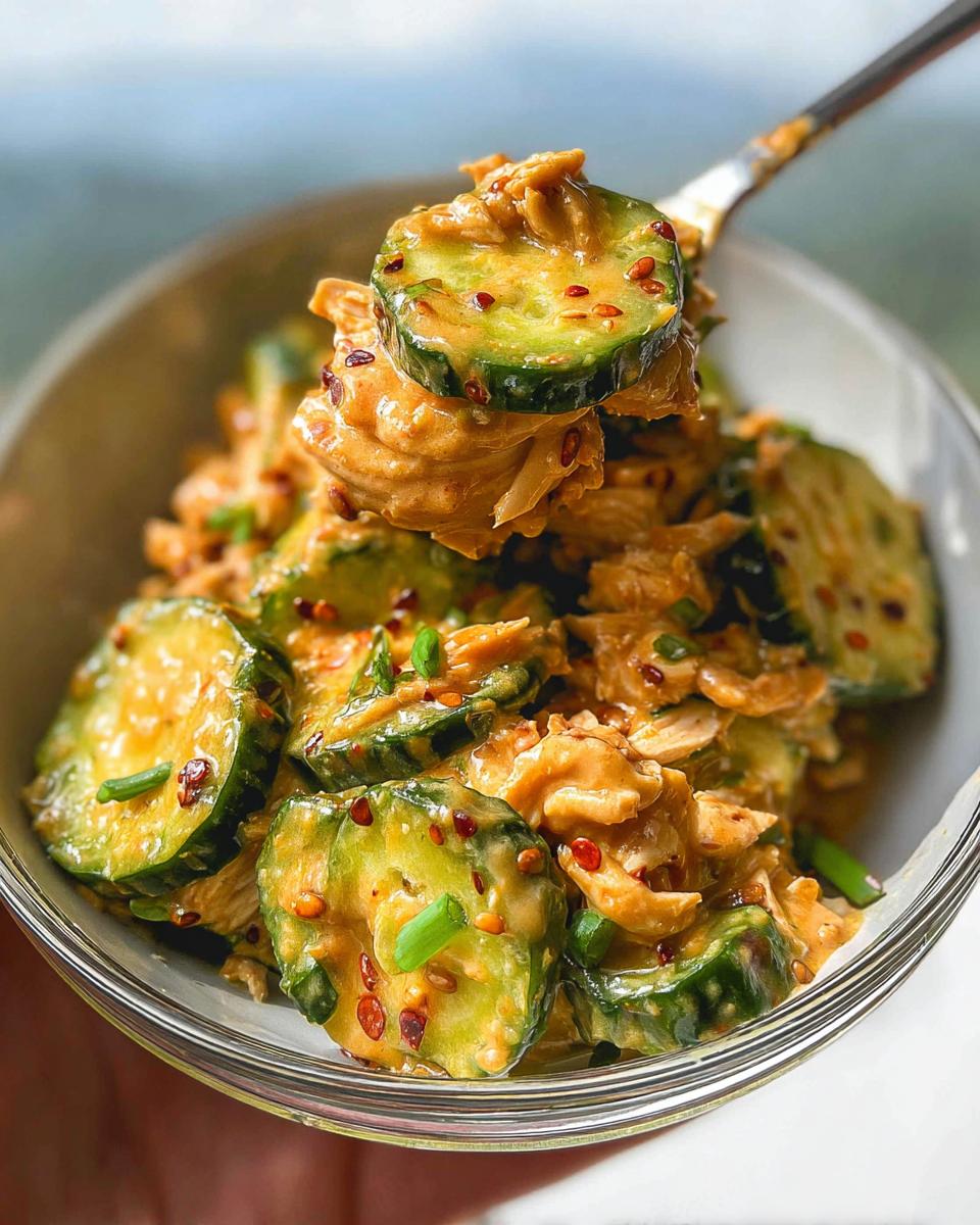 A fork lifts a bite of Thai Cucumber Chicken Salad with Peanut Dressing, showing sliced cucumbers and shredded chicken coated in a creamy peanut sauce.