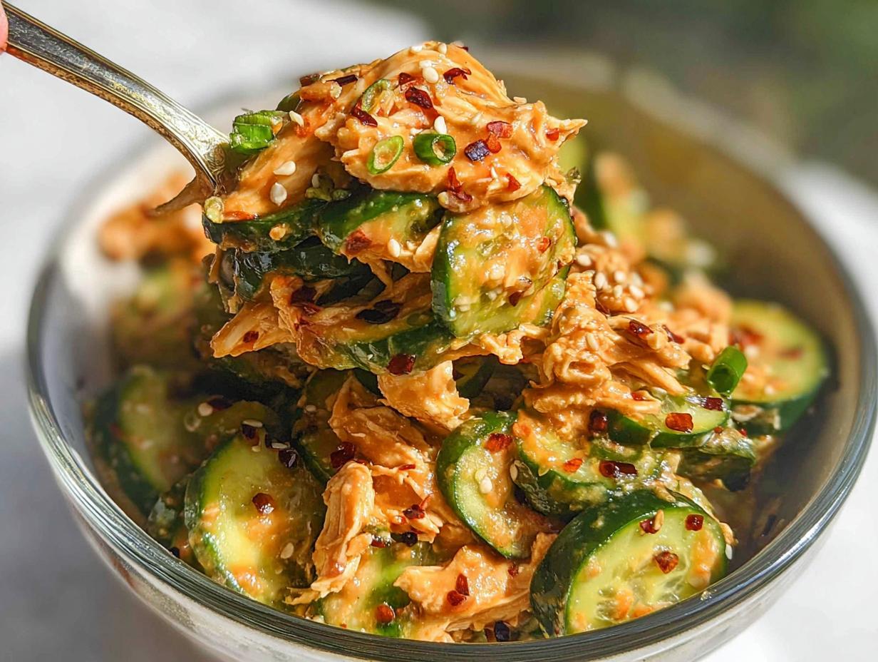 A spoonful of Thai Cucumber Chicken Salad with Peanut Dressing, featuring shredded chicken, sliced cucumbers, and a creamy peanut sauce.