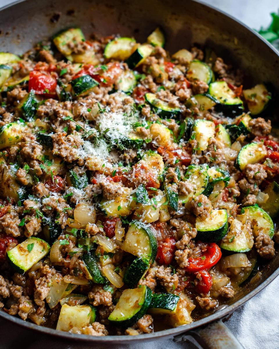 Close-up of a turkey zucchini skillet meal with ground turkey, sliced zucchini, tomatoes, and onions, topped with herbs and cheese.