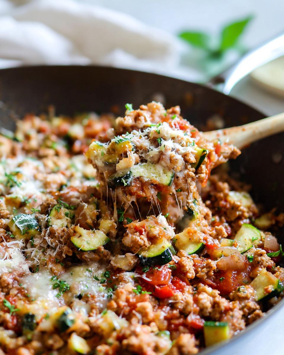 A spoonful of turkey zucchini skillet with melted cheese stretching, showing ground turkey, zucchini slices, and tomato sauce.