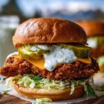 A close-up of an Ultra Crispy Dill Chicken Sandwich, featuring a golden-brown bun, crispy fried chicken, melted cheese, pickles, and creamy dill sauce.