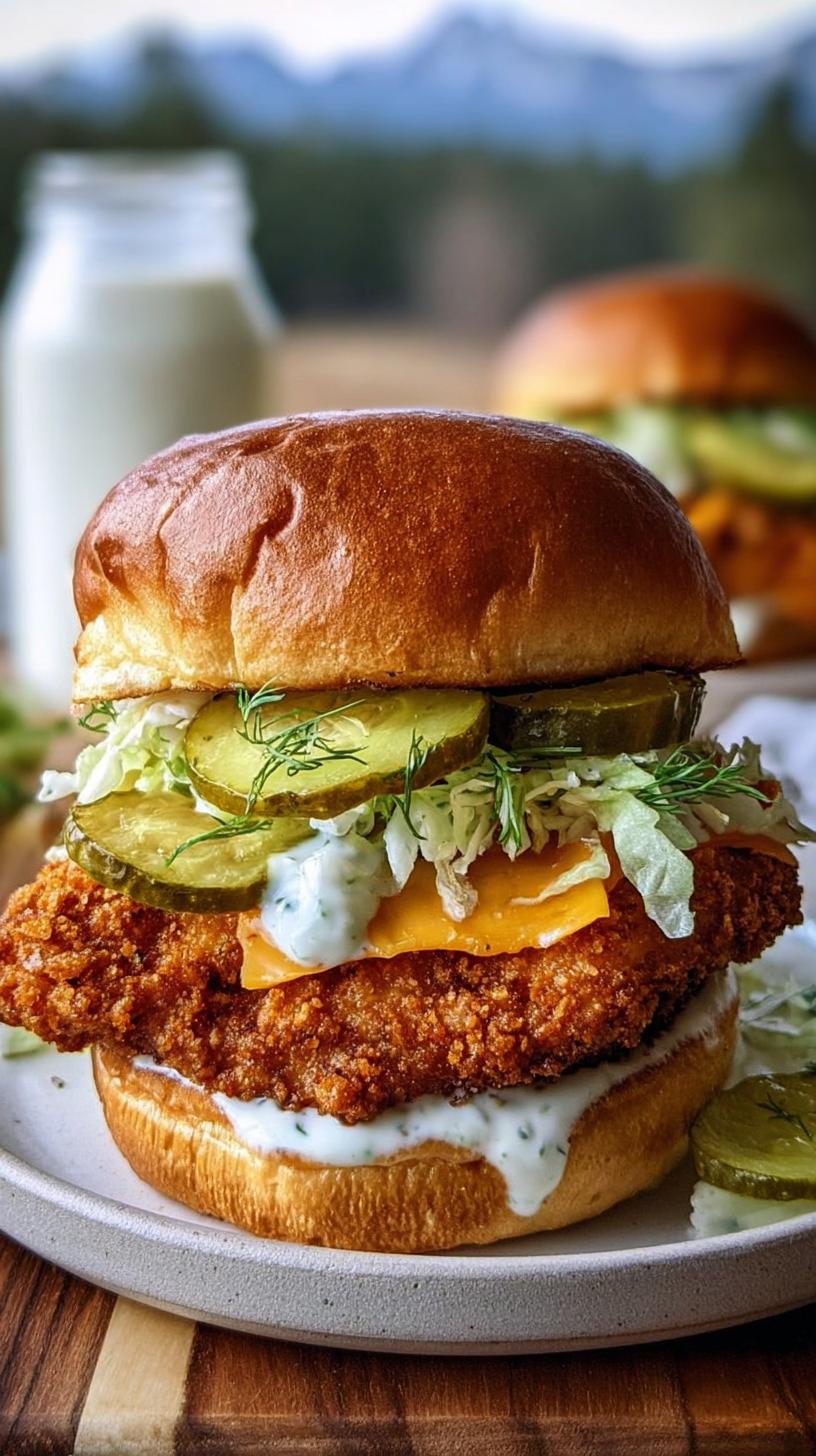 Close-up of an Ultra Crispy Dill Chicken Sandwich with creamy garlic dill sauce and pickles.