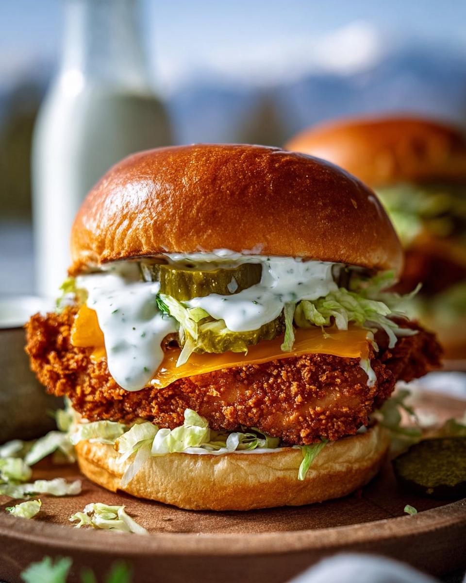 Close-up of an Ultra Crispy Dill Chicken Sandwich with creamy garlic dill sauce, pickles, and cheese.