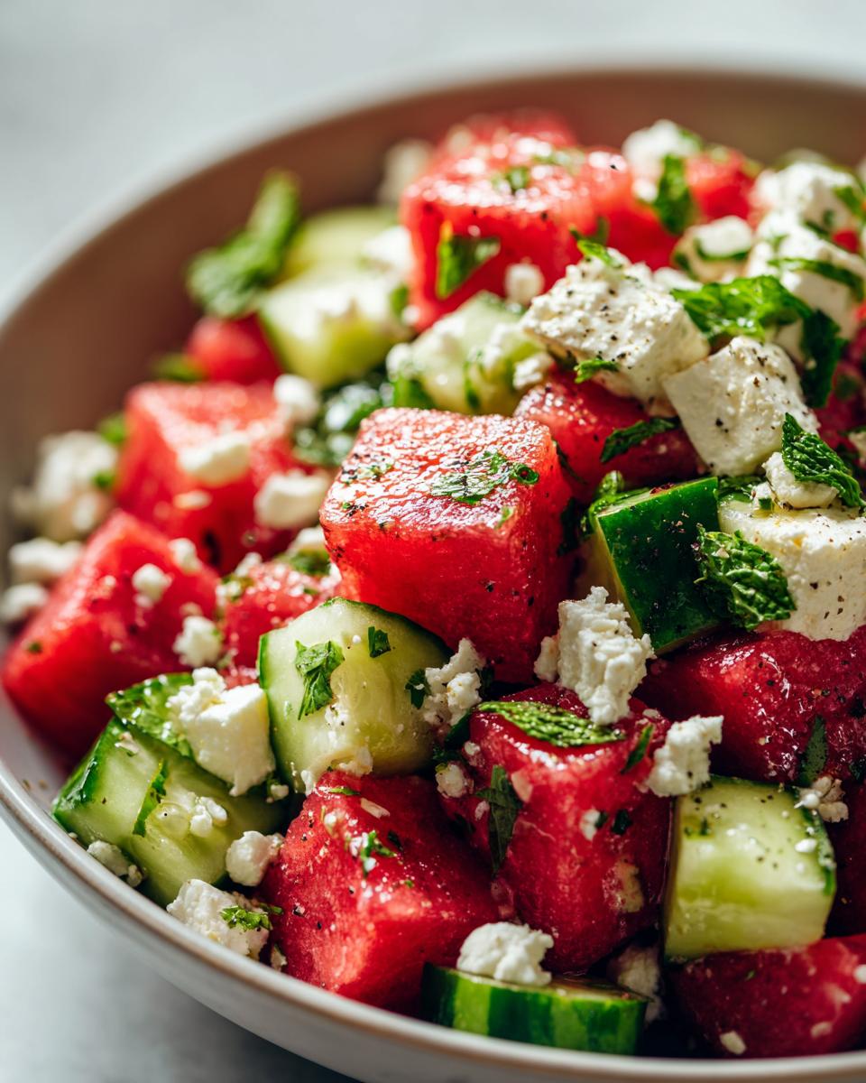 Close-up of a vibrant watermelon feta mint salad with cubed watermelon, cucumber, feta cheese, and fresh mint leaves.