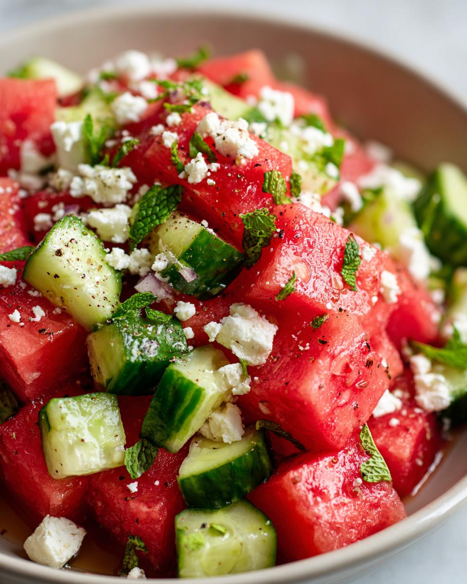 Close-up of a vibrant watermelon feta mint salad with cubes of watermelon, cucumber, crumbled feta cheese, and fresh mint leaves.