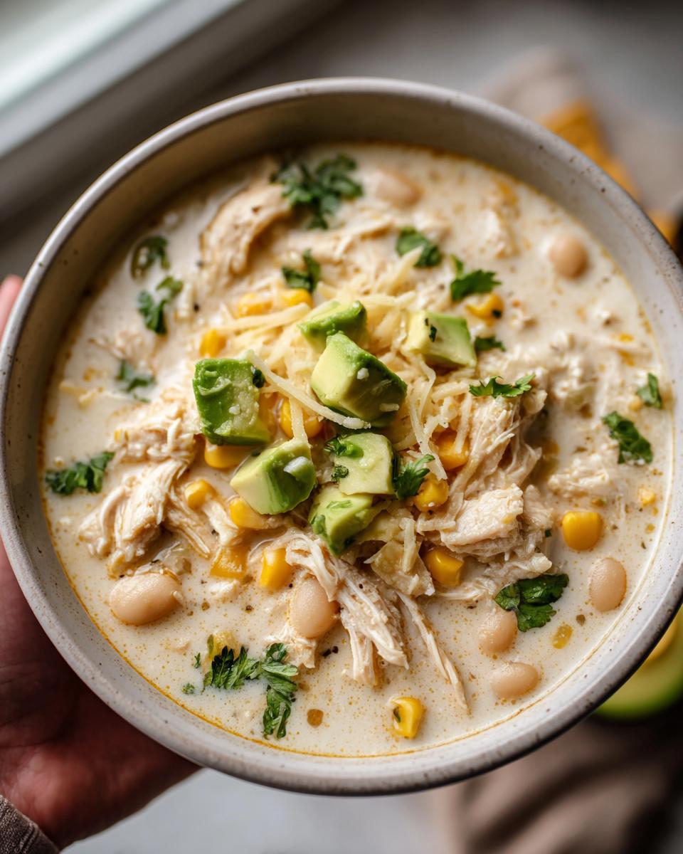 A close-up of a bowl of creamy white chicken chili topped with diced avocado, corn, shredded cheese, and cilantro.