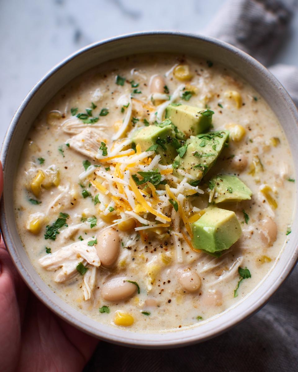 A close-up of a bowl of creamy white chicken chili topped with diced avocado, shredded cheese, and fresh parsley.