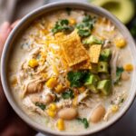 A close-up of a bowl of creamy white chicken chili topped with shredded cheese, corn, avocado, tortilla chips, and cilantro.