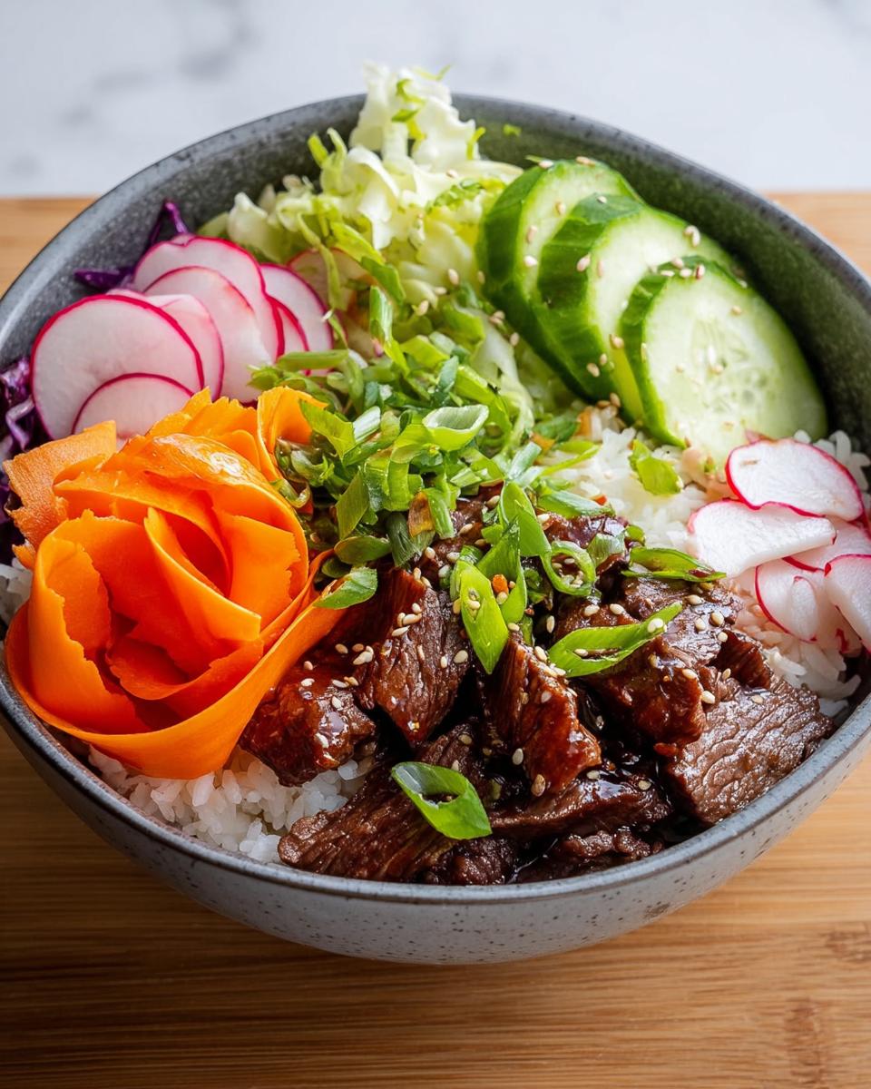 Teriyaki Beef Poke Bowl with Rice and Veggies - Featured