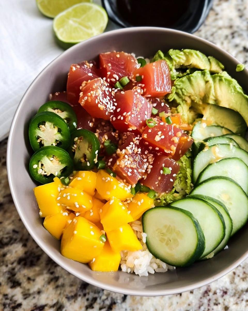 Ahi Poke Bowl: 15-Min Tropical Taste Sensation 4 Ahi Poke Bowl with fresh tuna, mango, avocado, jalapeños, and cucumber over rice.
