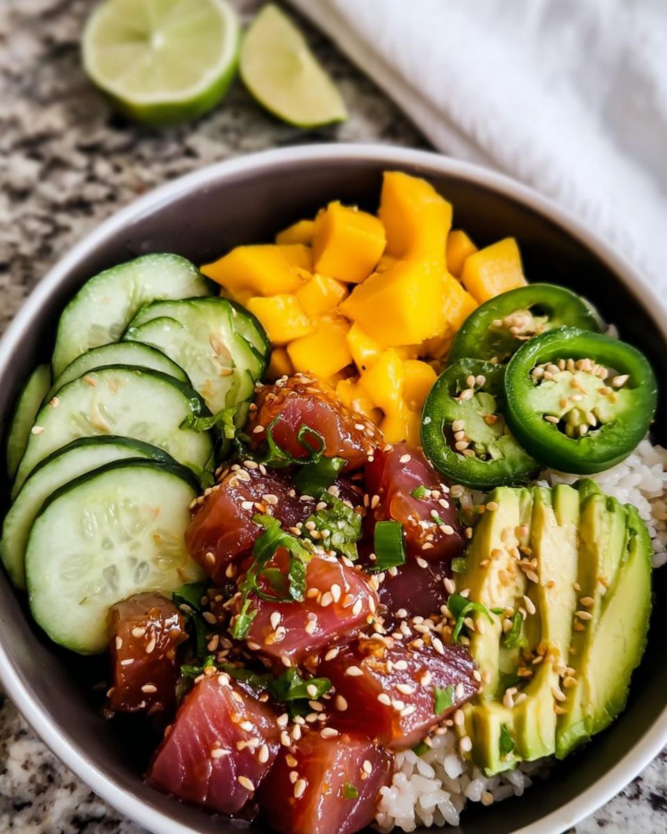 Ahi Poke Bowl: 15-Min Tropical Taste Sensation 5 A vibrant Ahi Poke Bowl with Mango and Avocado, featuring fresh tuna, rice, cucumber, jalapeños, and sesame seeds.