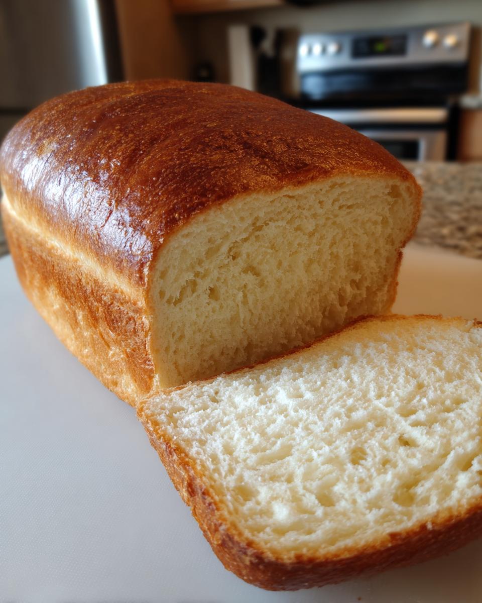 Amish White Bread Recipe: Pure Comfort 5 A golden-brown loaf of homemade Amish white bread with one slice cut, showcasing its soft, fluffy interior.