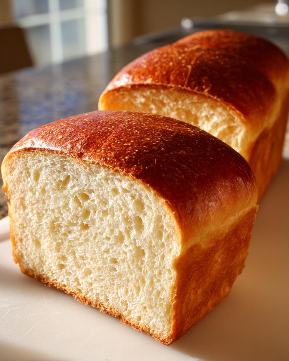 Amish White Bread Recipe: Pure Comfort 4 A close-up of a freshly baked loaf of Amish White Bread Recipe, showing its golden-brown crust and soft, airy interior.