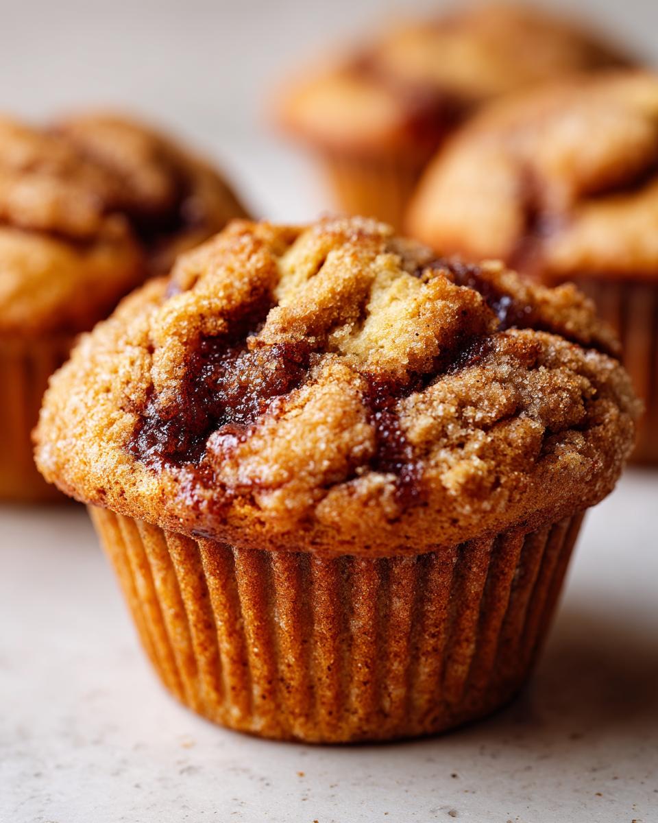 Tender Apple Butter Swirl Muffins 4 Close-up of a tender Apple Butter Swirl Muffin, showing the swirled apple butter filling and sugar topping.