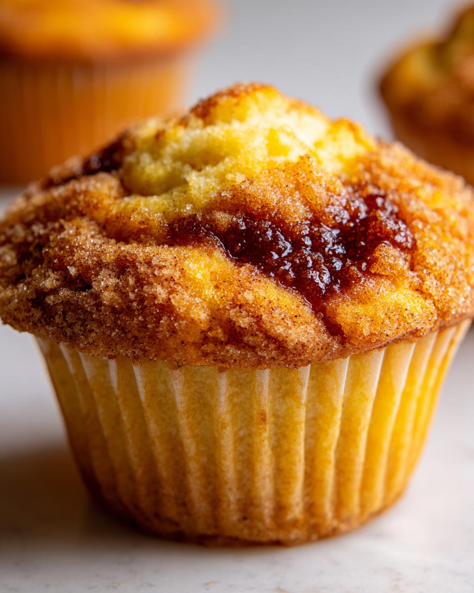 Tender Apple Butter Swirl Muffins 5 Close-up of a tender Apple Butter Swirl Muffin with a cinnamon-sugar topping and a visible swirl of apple butter.