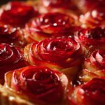 Close-up of a beautiful Apple Rose Tart, showcasing the delicate apple slices arranged like roses in a golden crust.