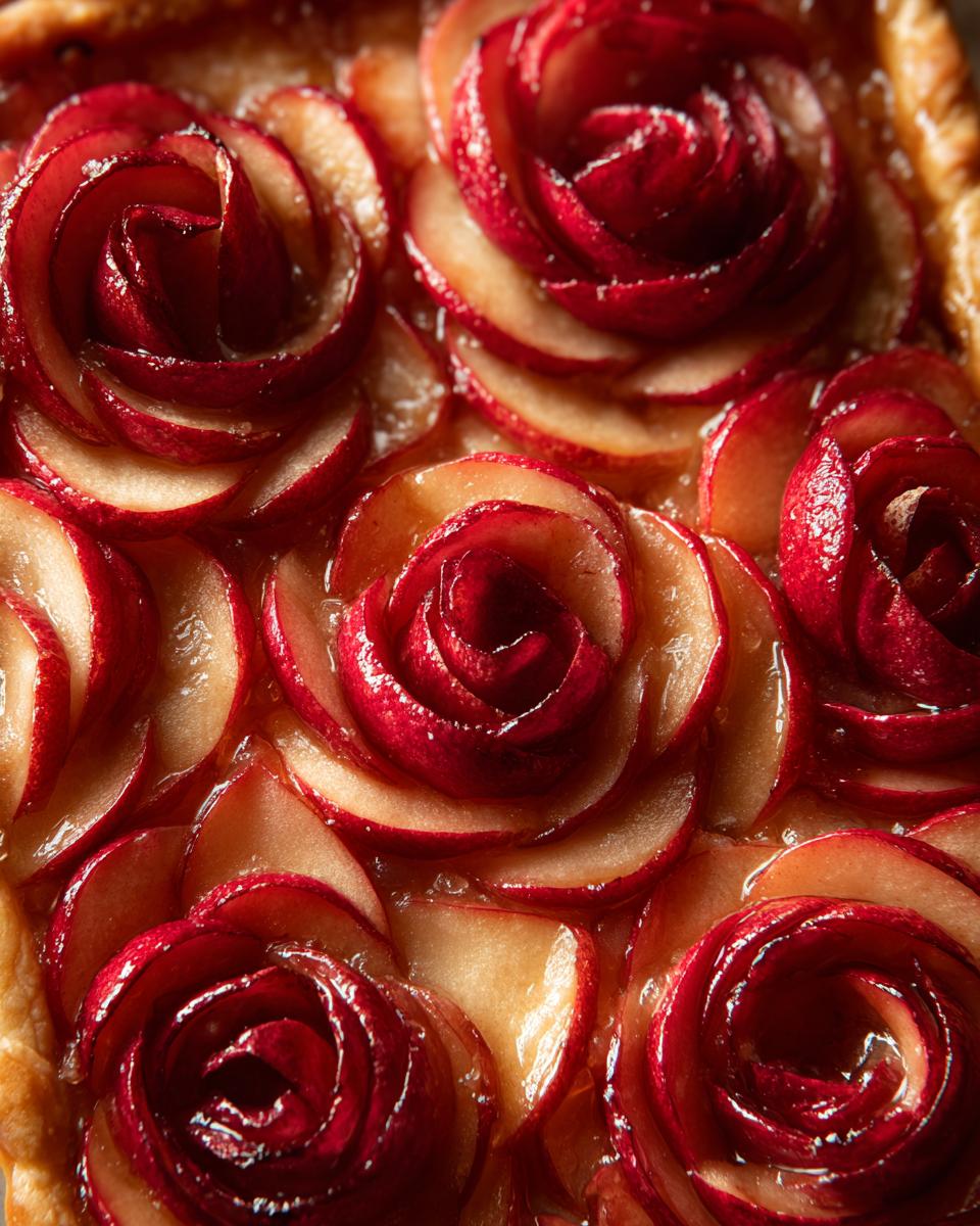 Easy Apple Rose Tart: Elegant Dessert Magic 5 Close-up of a baked Apple Rose Tart Recipe, showcasing the beautiful red apple slices arranged like roses.