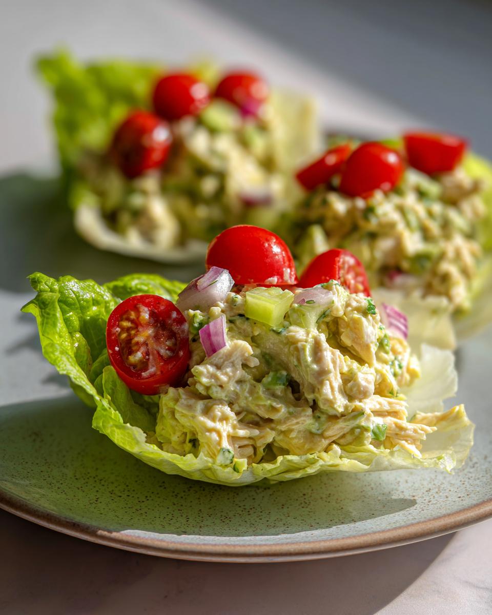 Close-up of Avocado Chicken Salad Lettuce Wraps, topped with cherry tomatoes and red onion, a healthy lunch option.