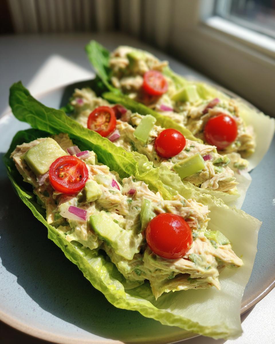 Close-up of Avocado Chicken Salad Lettuce Wraps, topped with cherry tomatoes and cucumber.