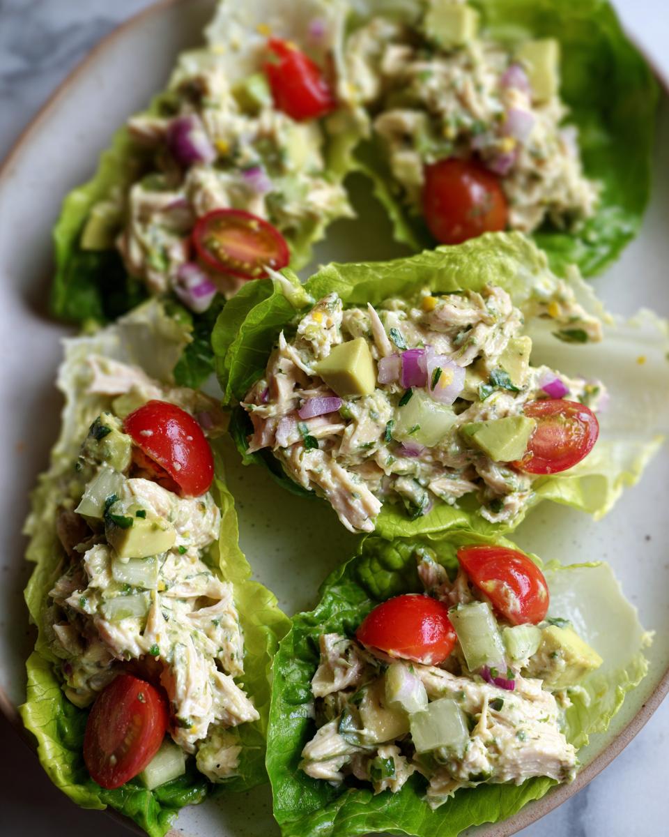 Close-up of Avocado Chicken Salad Lettuce Wraps, a healthy lunch option, topped with cherry tomatoes.
