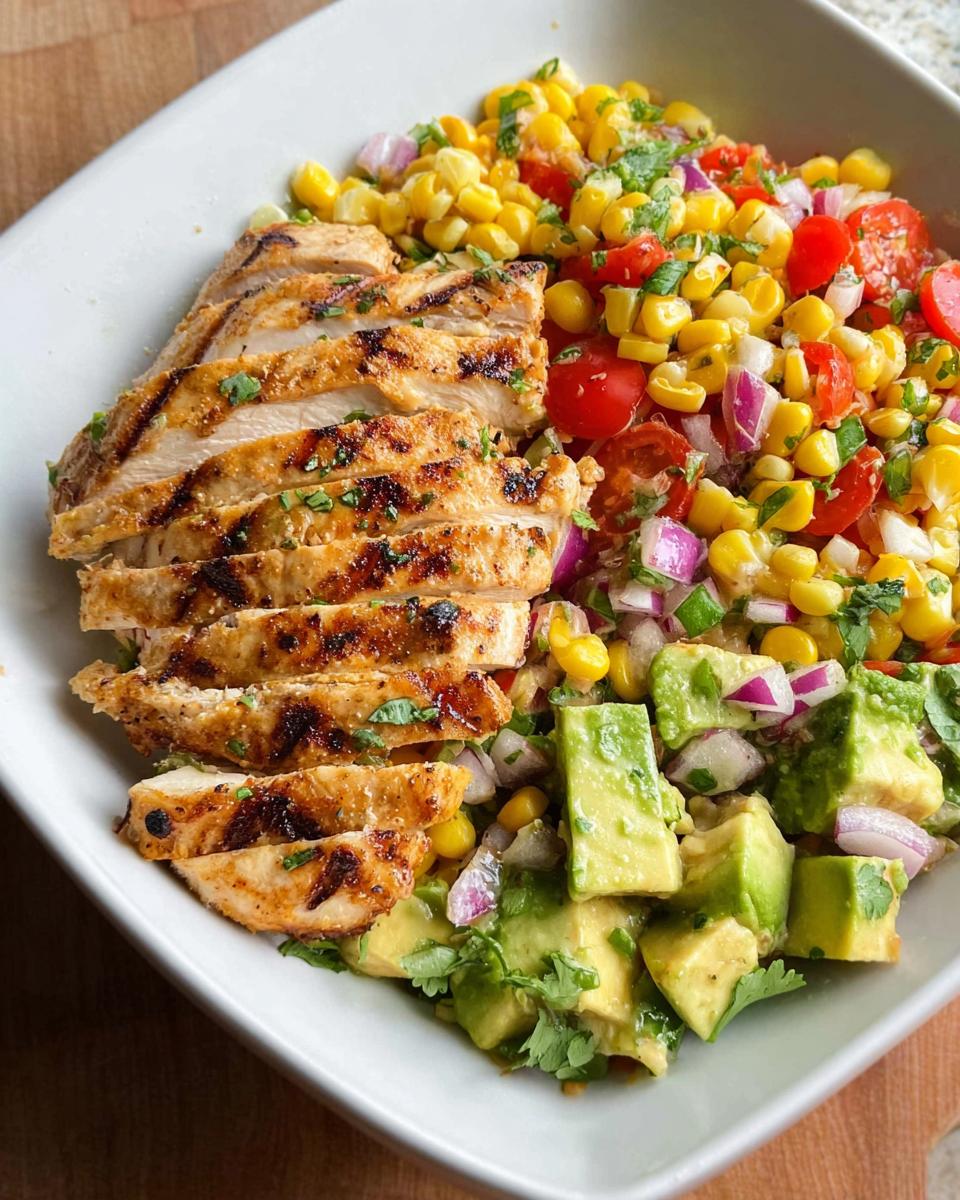 A vibrant bowl of Avocado Corn Salsa with Grilled Chicken, featuring sliced grilled chicken breast, diced avocado, corn, tomatoes, red onion, and cilantro.