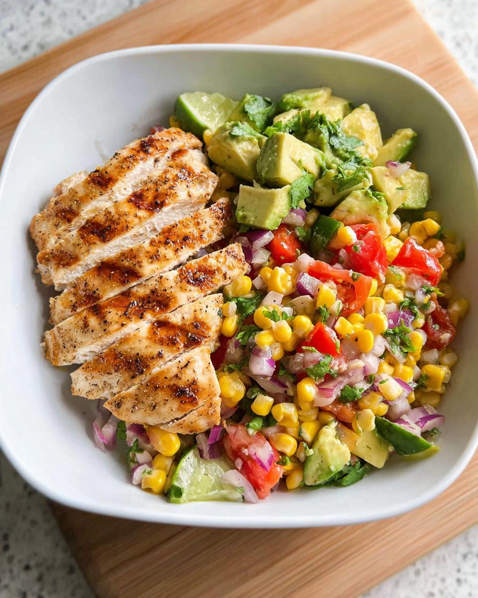 A close-up of a white bowl filled with grilled chicken and fresh Avocado Corn Salsa.