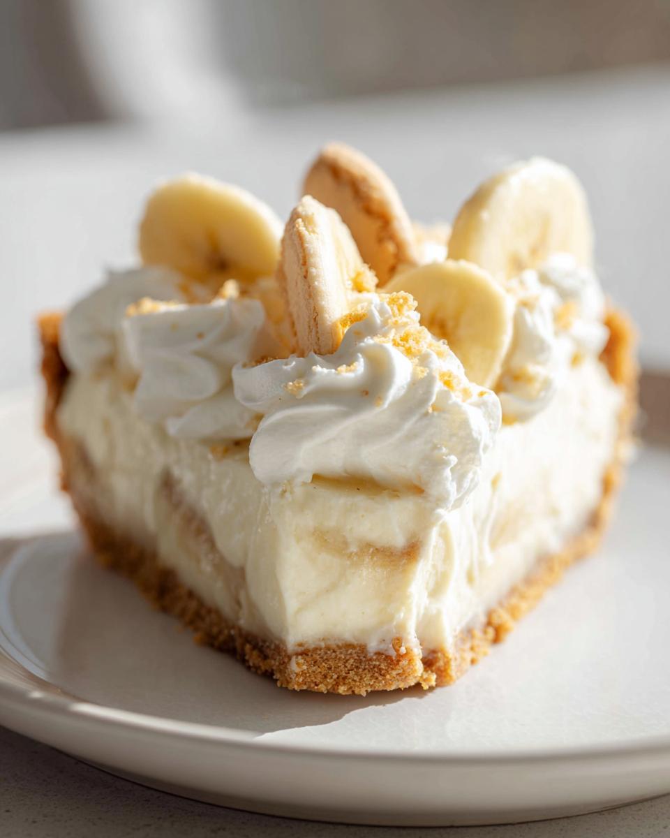 Easy Banana Cheesecake No Bake Dessert Delight 4 A slice of creamy Banana Cheesecake No Bake Dessert topped with whipped cream, banana slices, and cookie crumbs.