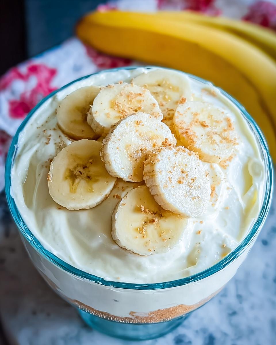 Divine Banana Cream Cheesecake Dip for Easy Desserts 4 A close-up of Banana Cream Cheesecake Dip in a glass bowl, topped with fresh banana slices and a sprinkle of crumbs.