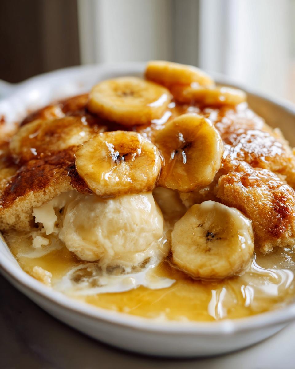 Close-up of a scoop of ice cream topped with caramelized banana slices and a golden crust, part of an Easy Banana Pudding Cobbler.